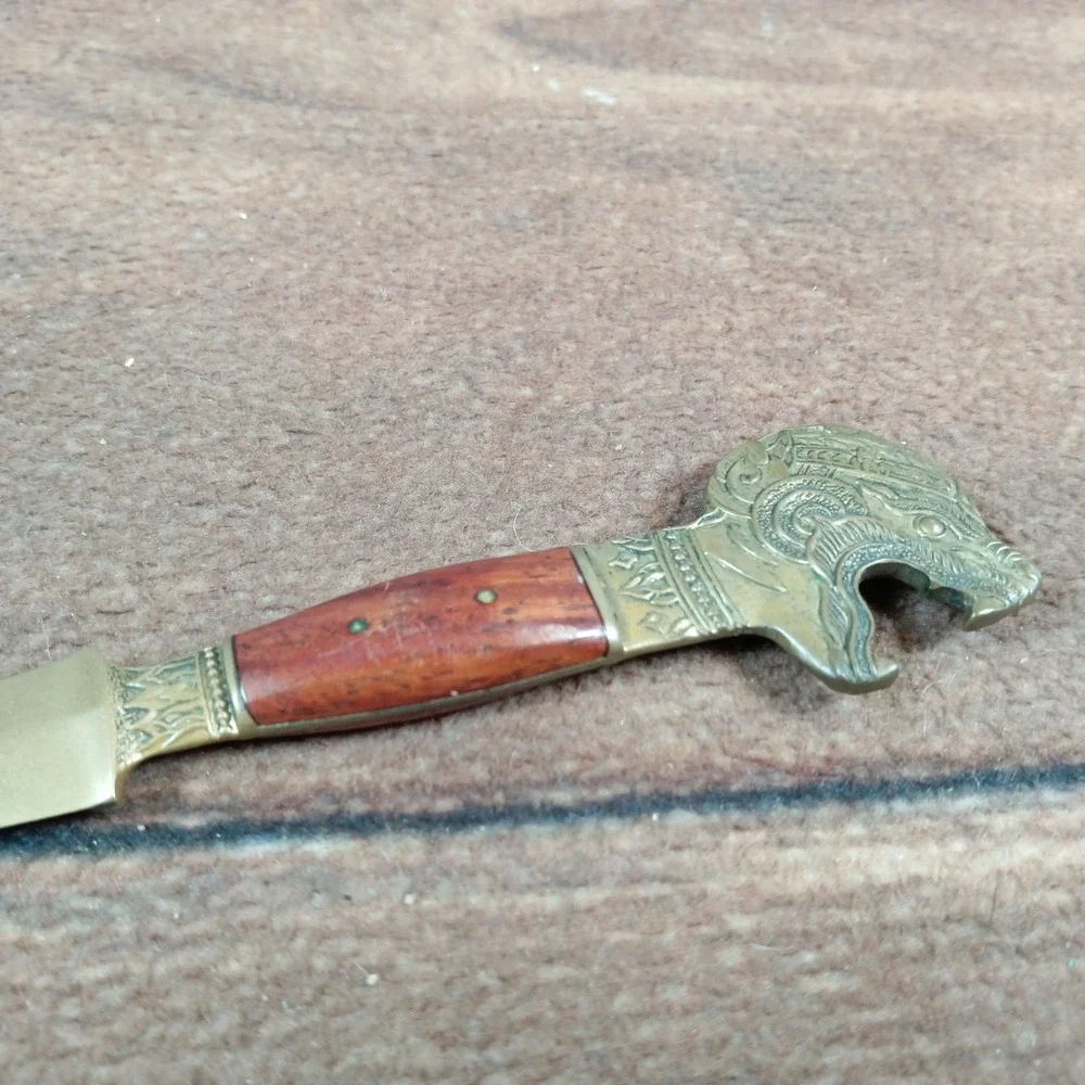 Vintage Brass Dragon Head Letter Opener Bottle Opener Wood Inlay Desk Accessory